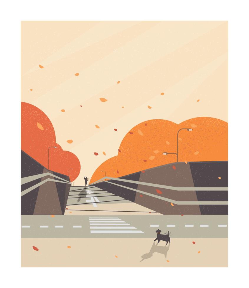 ilustración vectorial de la escena del otoño o las cataratas. hombre maneja la bolsa de compras caminando de regreso a casa en la calle. perro feliz esperando. fondo de paisaje mínimo. solo feliz en otoño vector