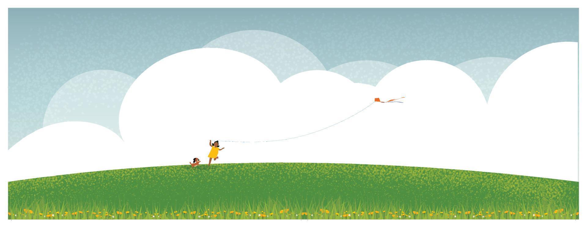 Panoramic vector illustration of spring summer landscape with blue sky and clound background.Nice weather, happy kid playing kite with dog .Windy green grass and poppy flower on green hill.