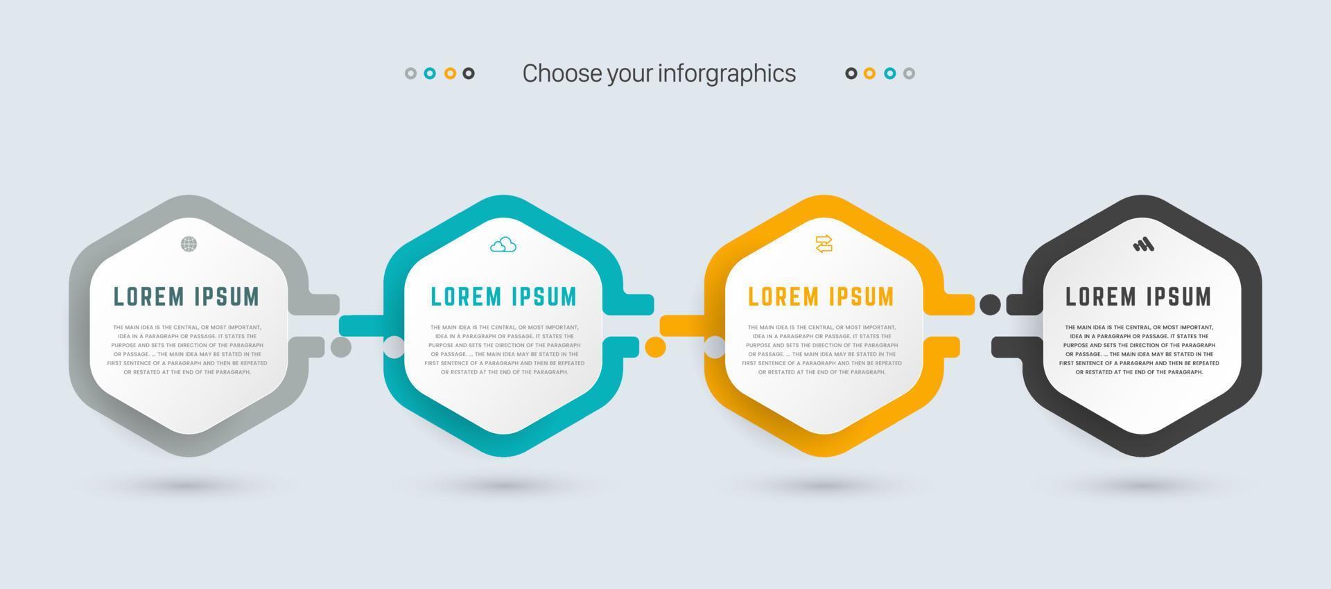 cuatro diseño infográfico con iconos. 4 opciones o 4 pasos. diagrama de proceso, diagrama de flujo, gráfico de información, infografía para concepto de negocio, banner de presentaciones, diseño de flujo de trabajo vector