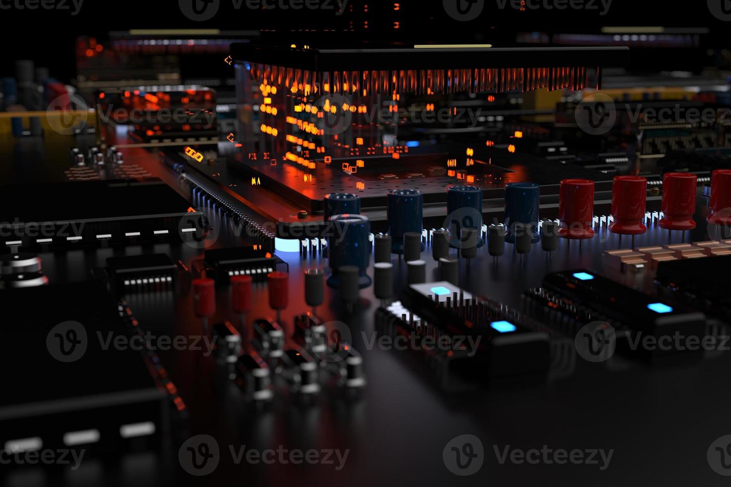 printed circuit board with microchips, processors and other computer parts on a dark background. 3d render photo