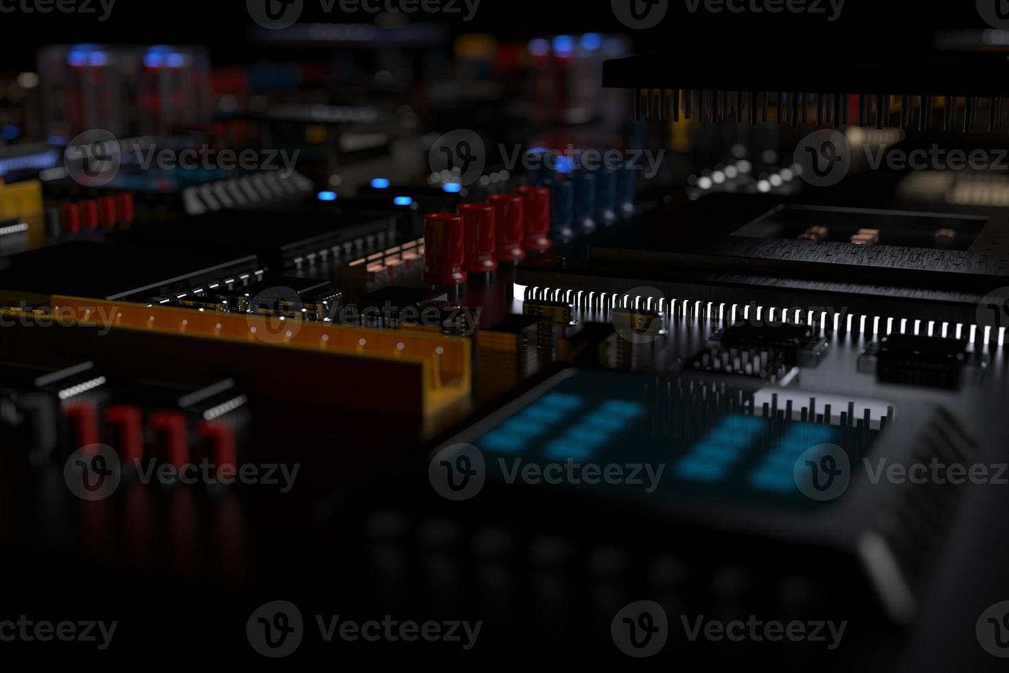 printed circuit board with microchips, processors and other computer parts on a dark background. 3d render photo