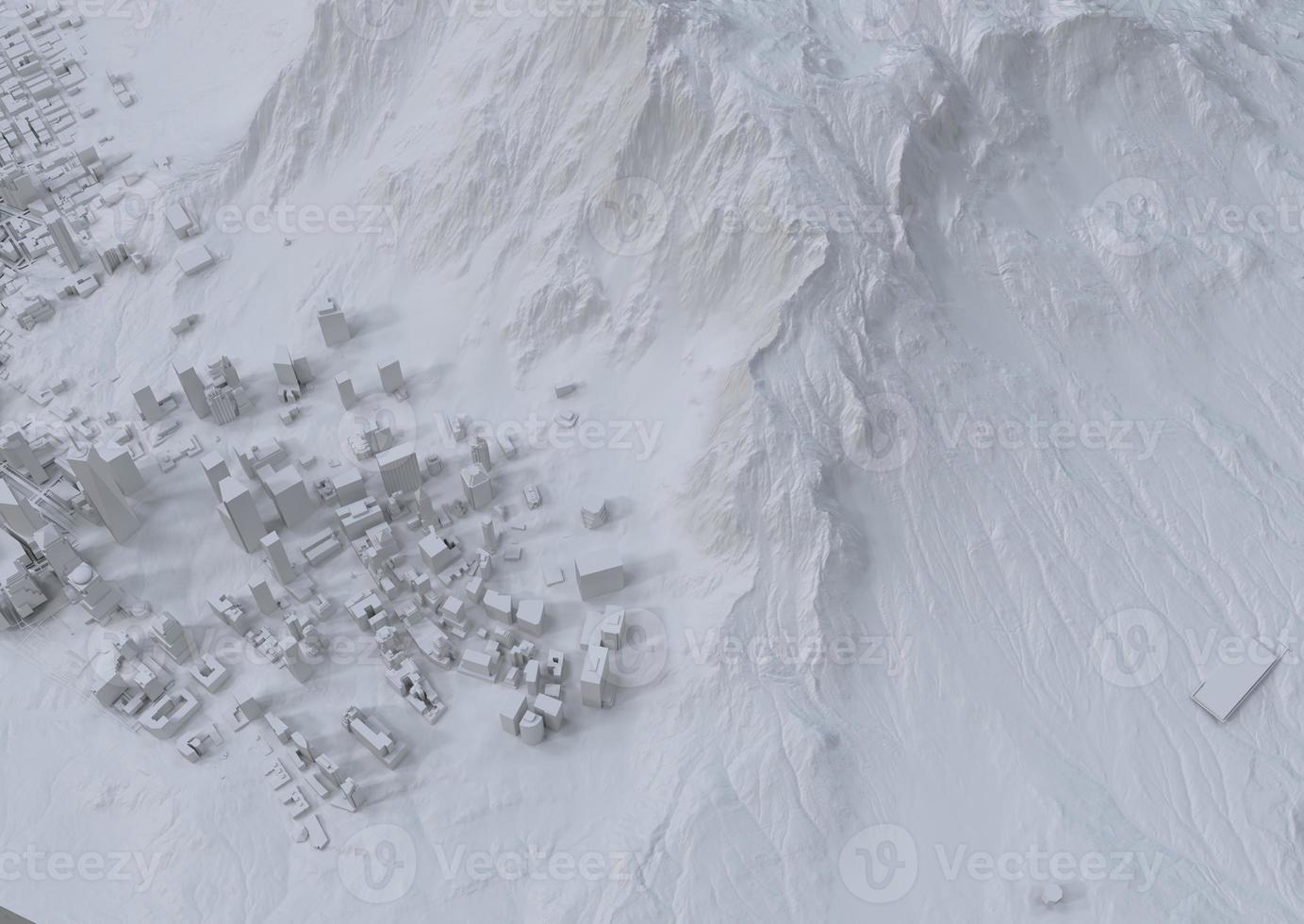 big city in the mountains top view. illustration in casual graphic design. fragments New York 3D render photo
