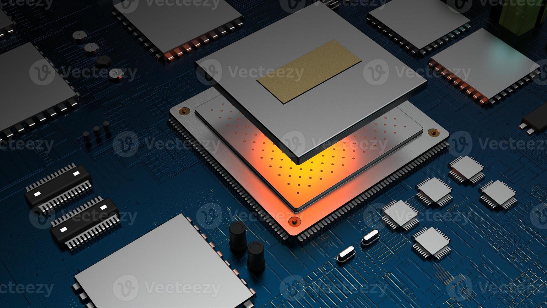 processor chip on a printed circuit board in red backlight. 3d illustration on the topic of technology and the power of artificial intelligence. photo