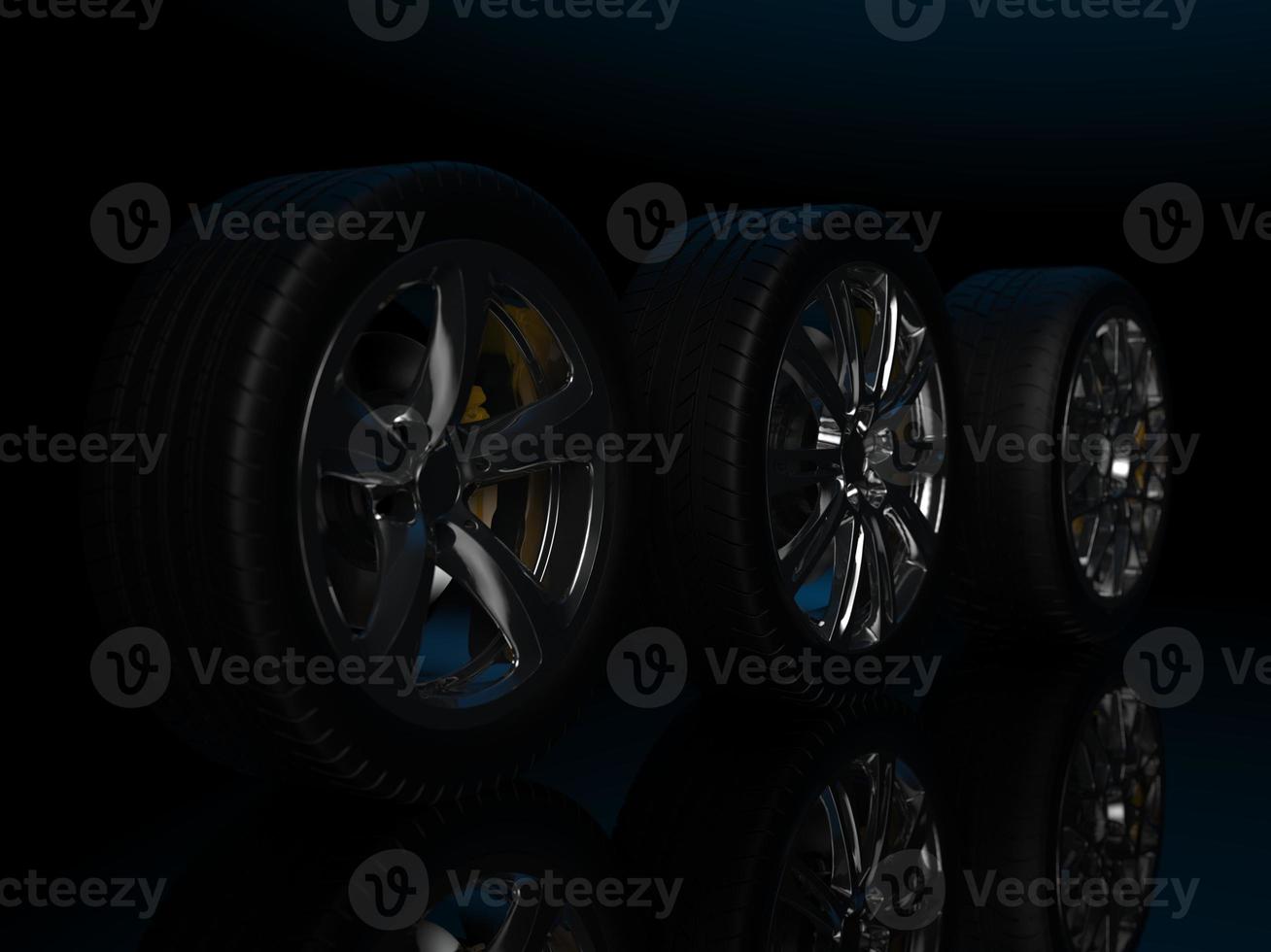 auto wheel with chrome disks close-up on a dark background. 3d render photo