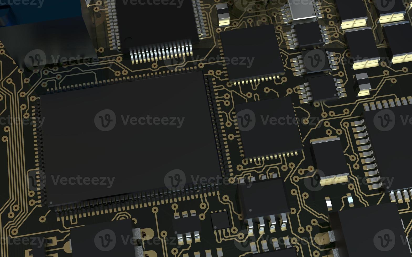 processor chip on a printed circuit board in red backlight. 3d illustration on the topic of technology and the power of artificial intelligence. photo