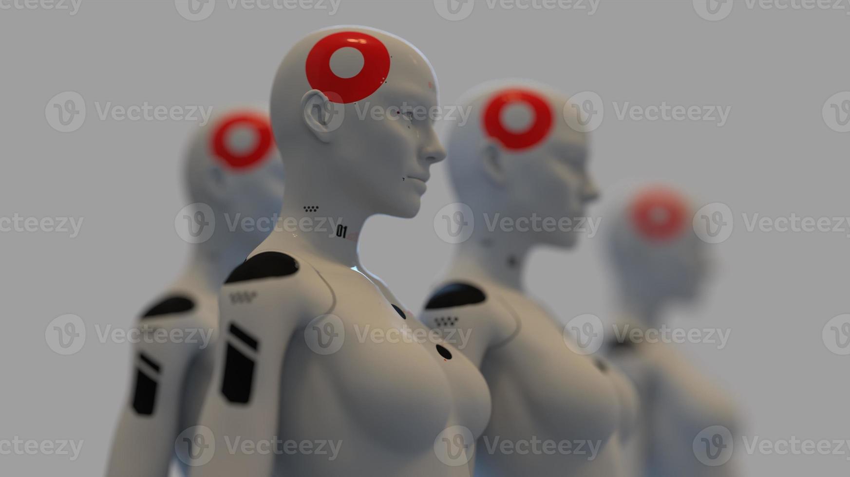 group of robots in female image standing in rows artificial intelligence and robotics concept photo