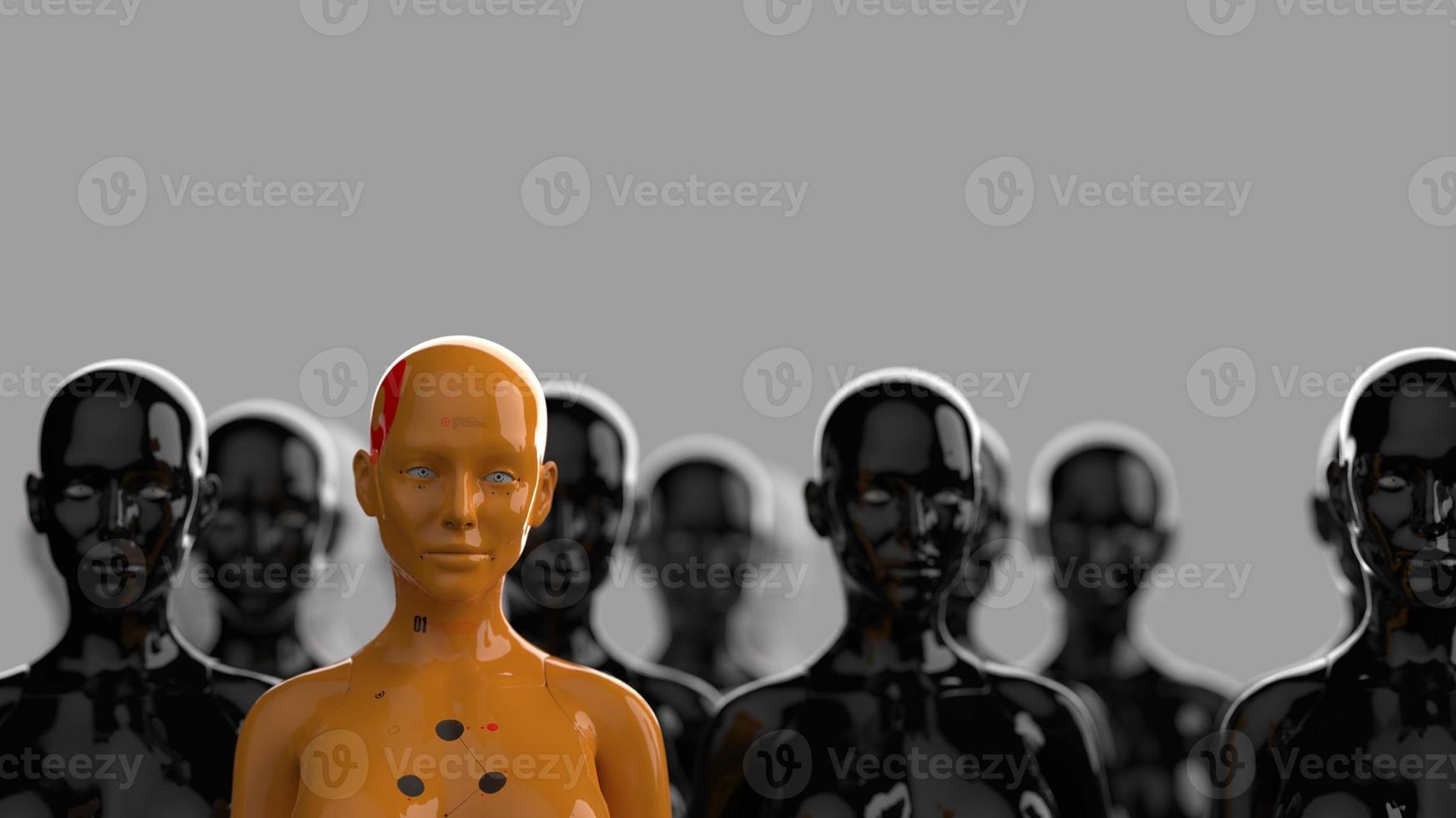 group of robots in female image standing in rows artificial intelligence and robotics concept photo