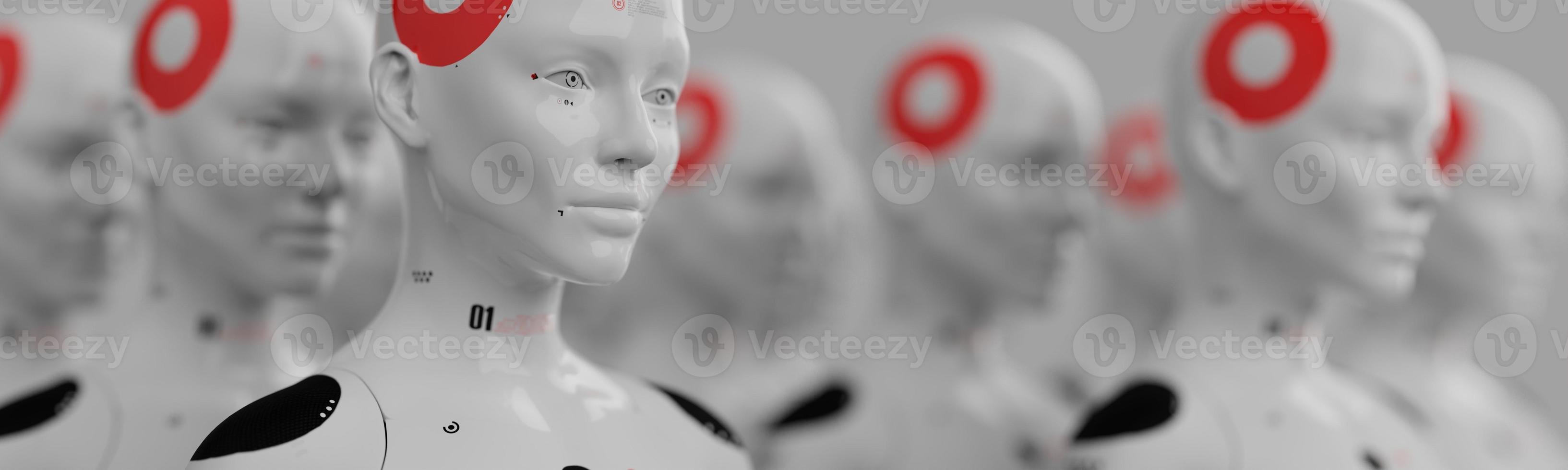 group of robots in female image standing in rows artificial intelligence and robotics concept photo