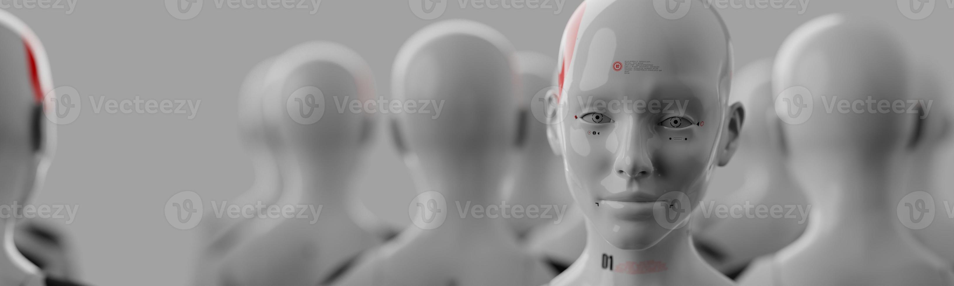 group of robots in female image standing in rows artificial intelligence and robotics concept photo