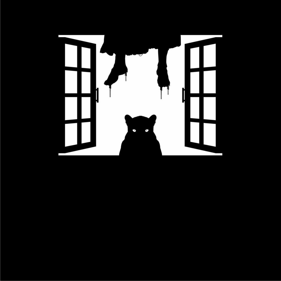 Mysterious Creature and Hanging Bloody Woman Legs on the Windows. Dramatic, Creepy, Horror, Scary, Mystery, or Spooky Illustration. Illustration for Horror Movie or Halloween Poster Element. Vector