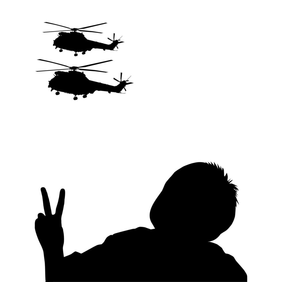 Silhouette of the Little Boy Give Peace Finger Sign to Helicopter. Vector Illustration