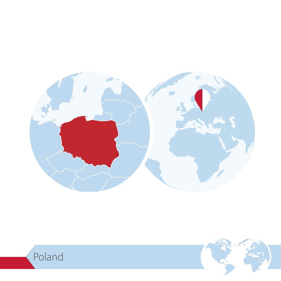 Poland on world globe with flag and regional map of Poland. vector