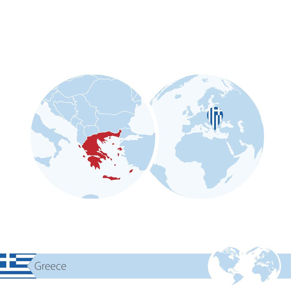 Greece on world globe with flag and regional map of Greece. vector