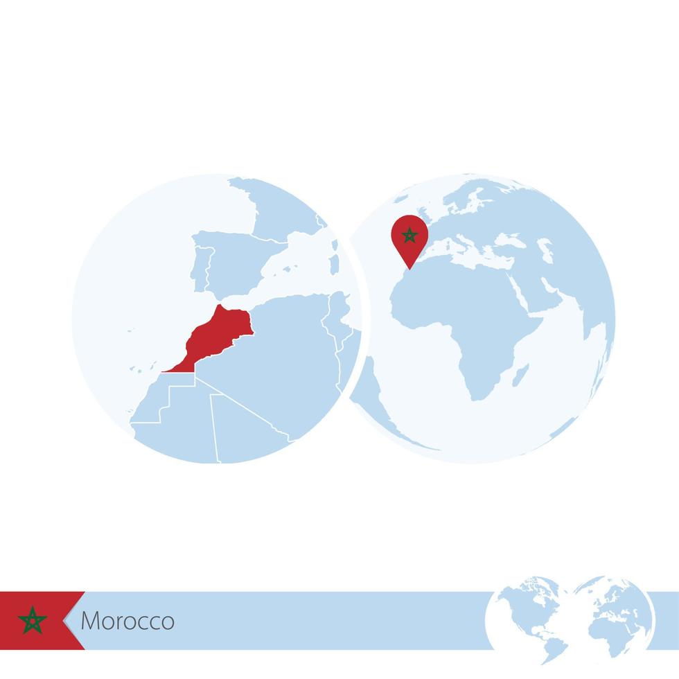 Morocco on world globe with flag and regional map of Morocco. vector