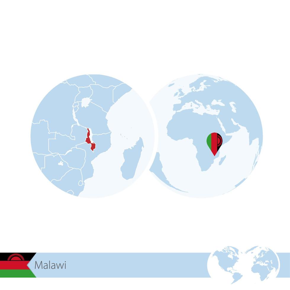 Malawi on world globe with flag and regional map of Malawi. vector