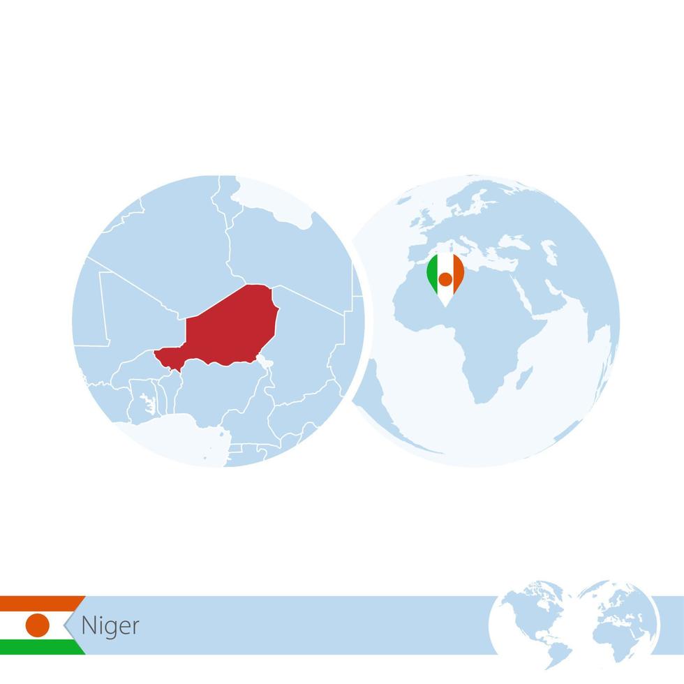 Niger on world globe with flag and regional map of Niger. vector