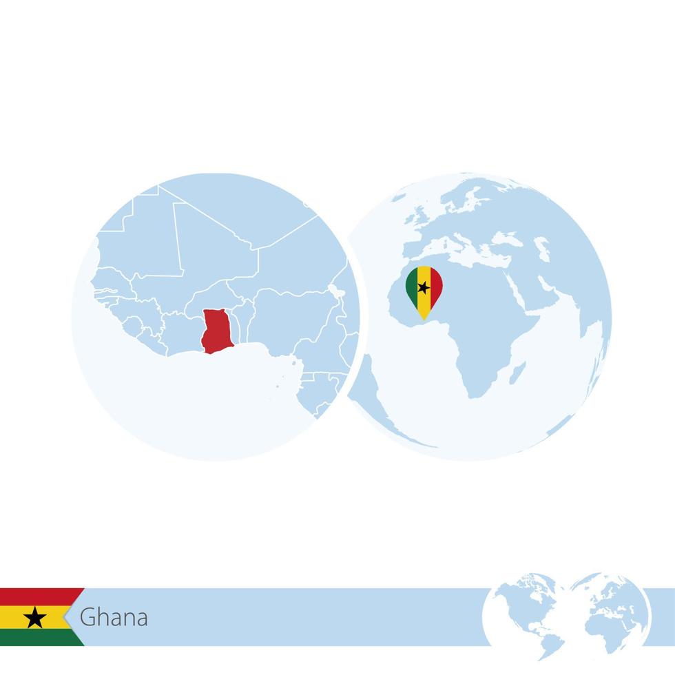 ghana en el globo terráqueo con bandera y mapa regional de ghana. vector