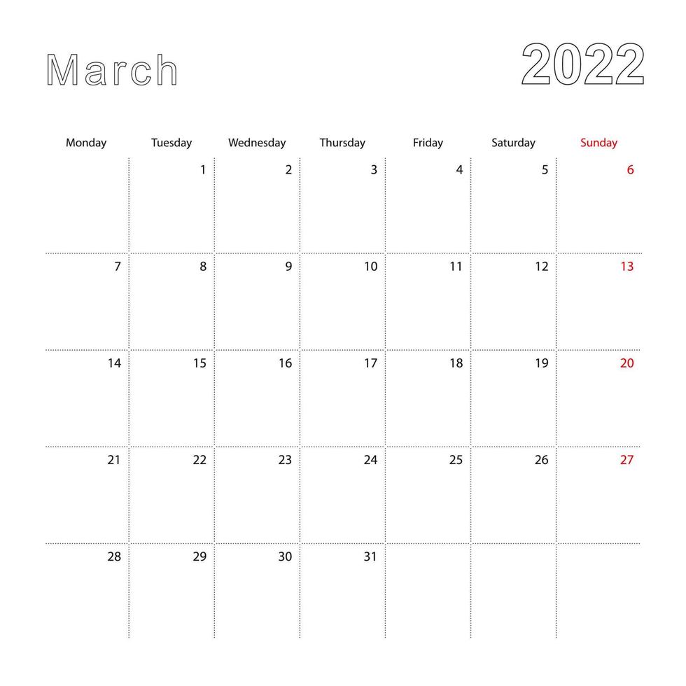 calendario de pared simple para marzo de 2022 con líneas punteadas. el calendario está en inglés, la semana comienza el lunes. vector