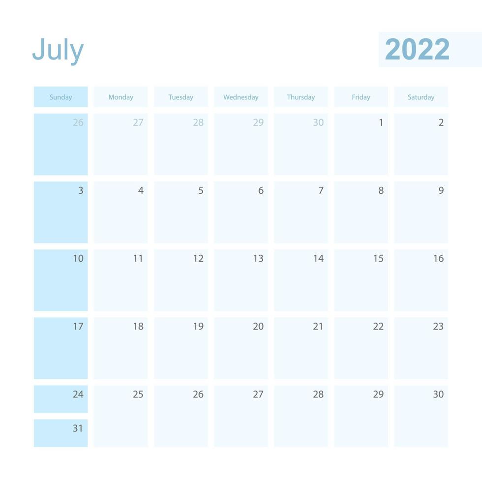2022 July wall planner in blue color, week starts on Sunday. vector