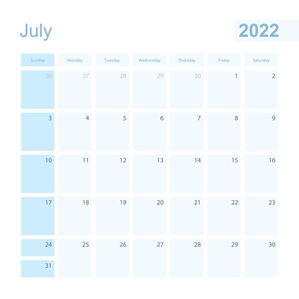 2022 July wall planner in blue color, week starts on Sunday. vector