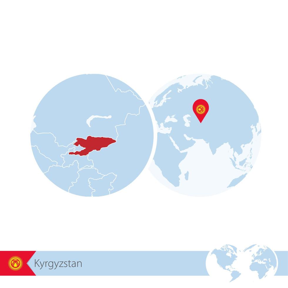 Kyrgyzstan on world globe with flag and regional map of Kyrgyzstan. vector