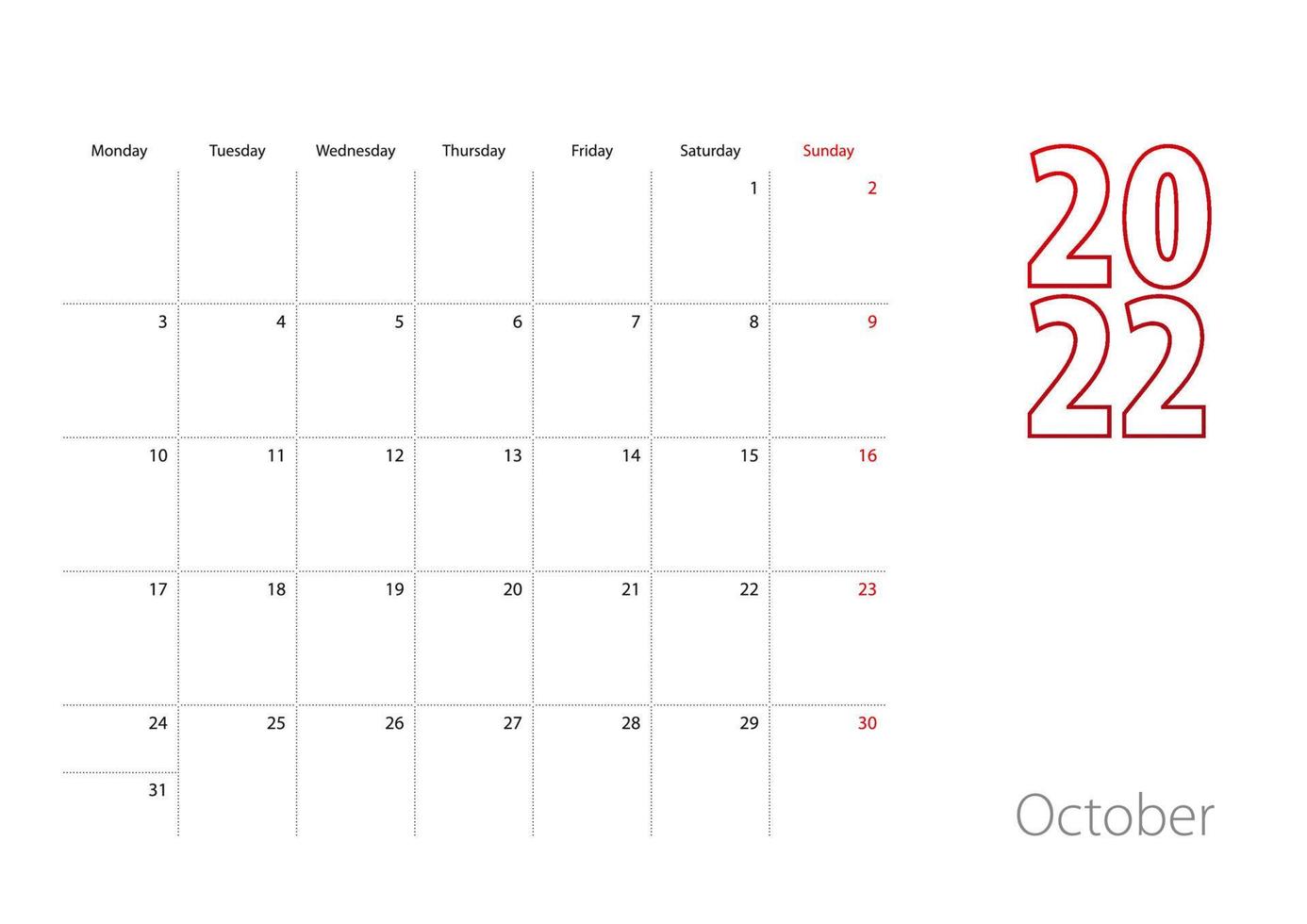 Calendar for October 2022 in modern design, planner template. vector