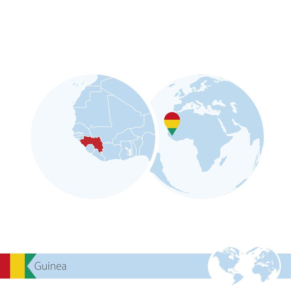 guinea en globo terráqueo con bandera y mapa regional de guinea. vector