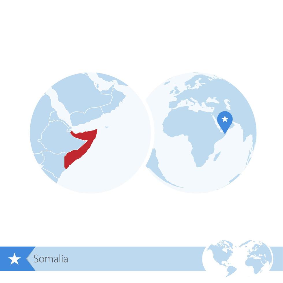 Somalia on world globe with flag and regional map of Somalia. vector