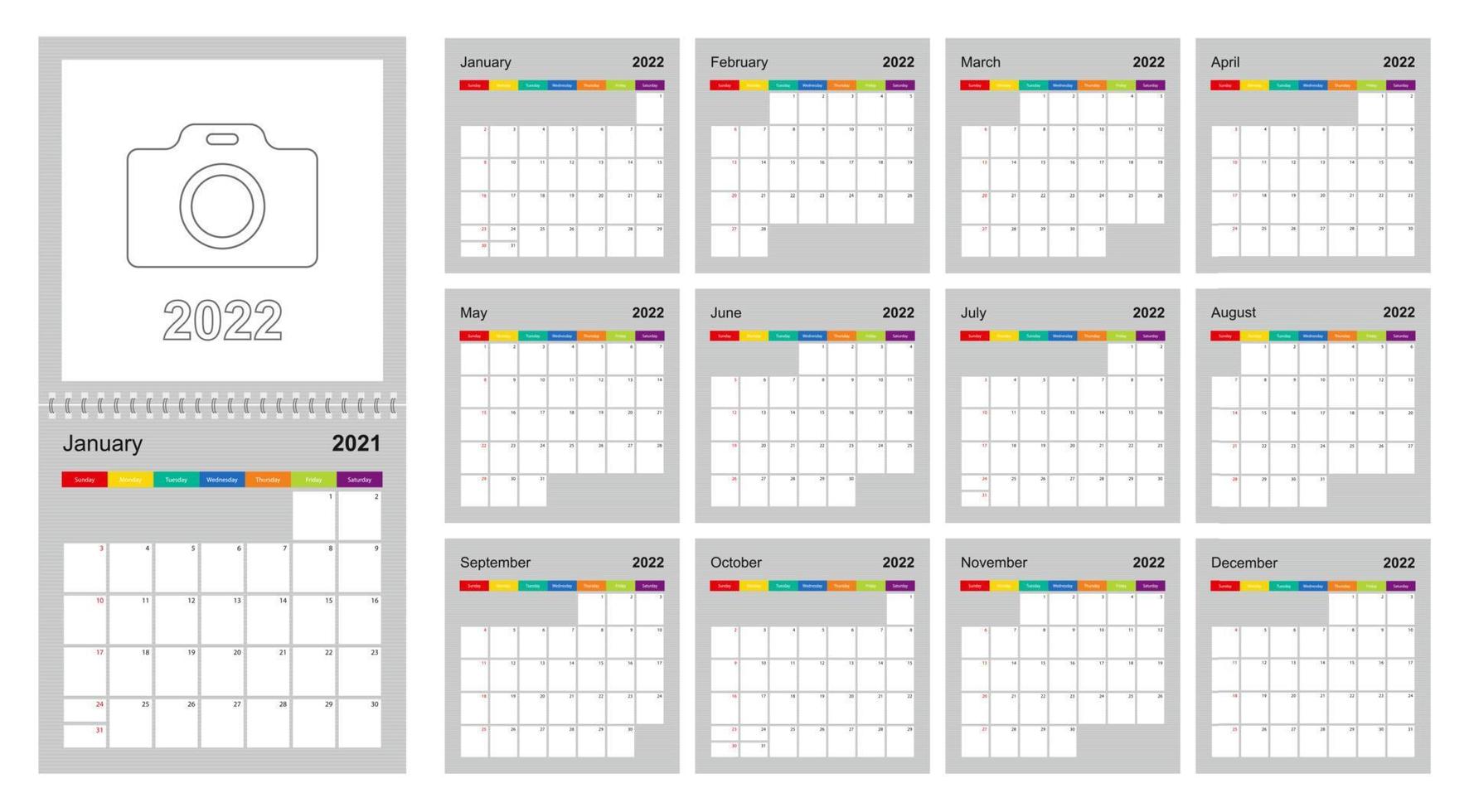 Calendar 2022 colorful design, set of 12 vector wall planner calendar pages on gray background. Week starts on Sunday.