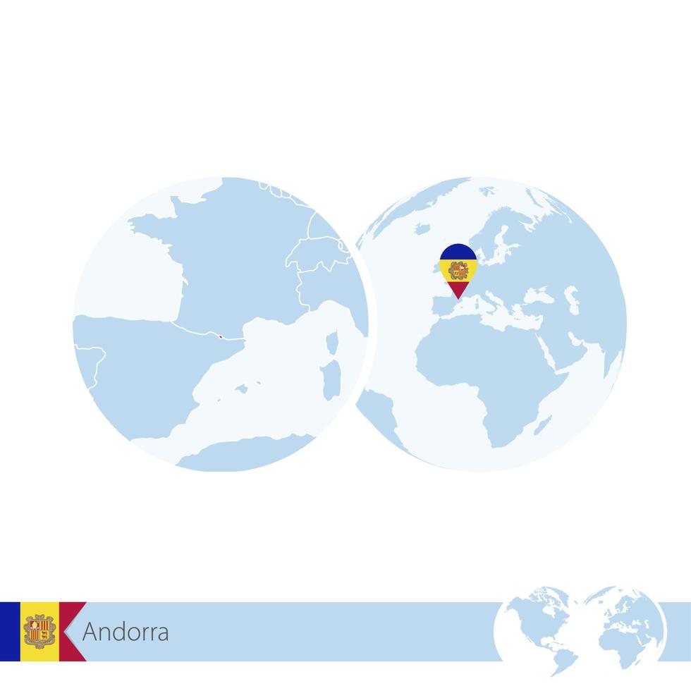 Andorra on world globe with flag and regional map of Andorra. vector