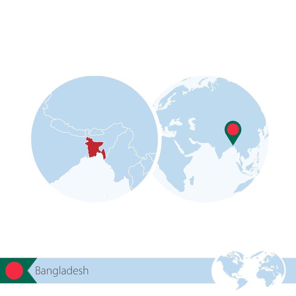 bangladesh en el globo terráqueo con bandera y mapa regional de bangladesh. vector