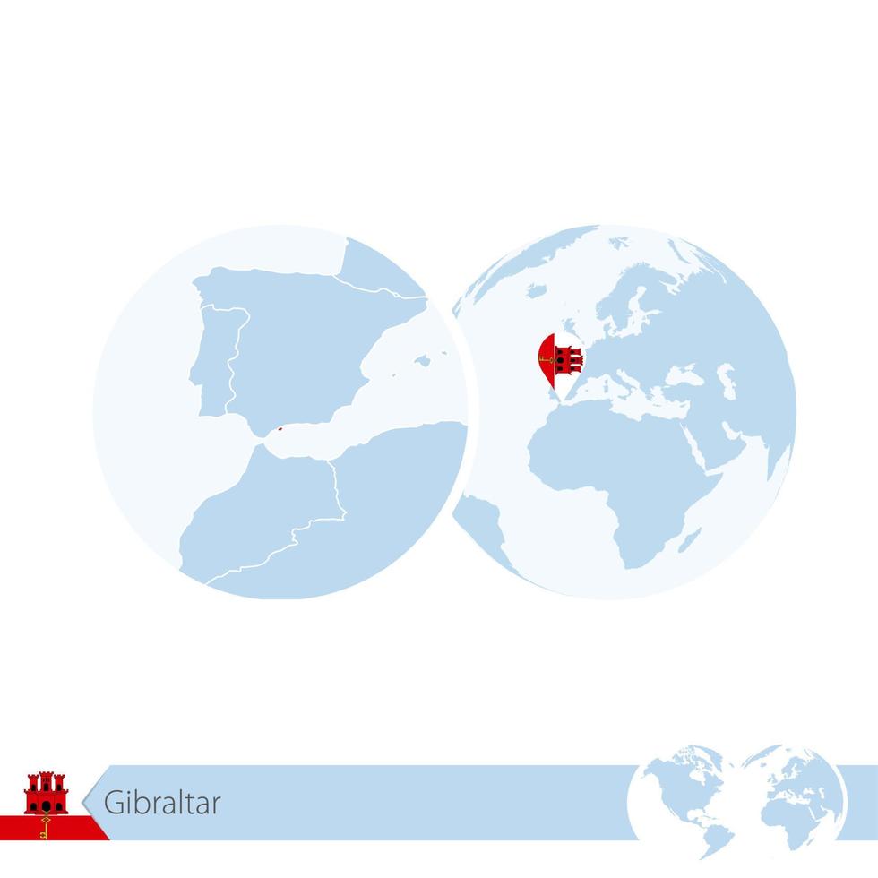 Gibraltar on world globe with flag and regional map of Gibraltar. vector
