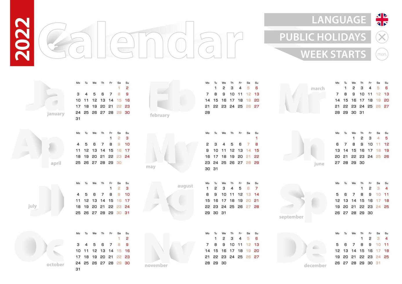 Calendar for 2022 year in english language, gray vector calendar