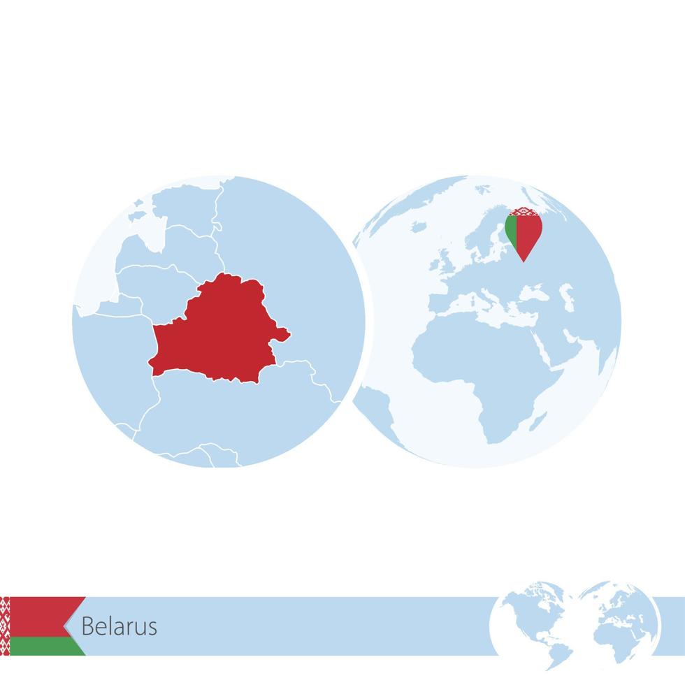 Belarus on world globe with flag and regional map of Belarus. vector