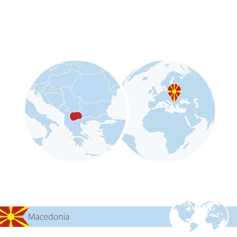 Macedonia on world globe with flag and regional map of Macedonia. vector