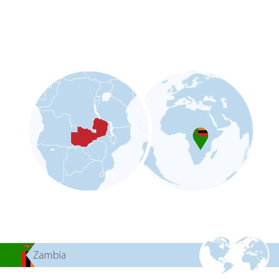 Zambia on world globe with flag and regional map of Zambia. vector