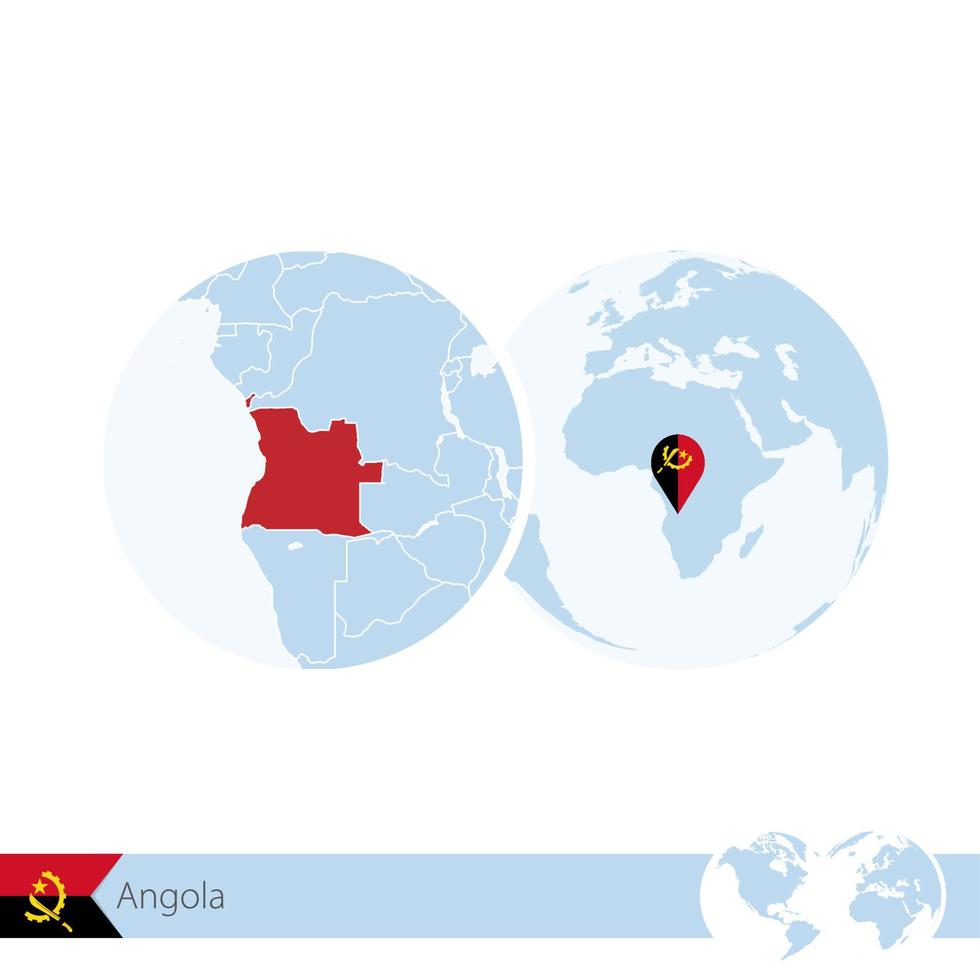 Angola on world globe with flag and regional map of Angola. vector