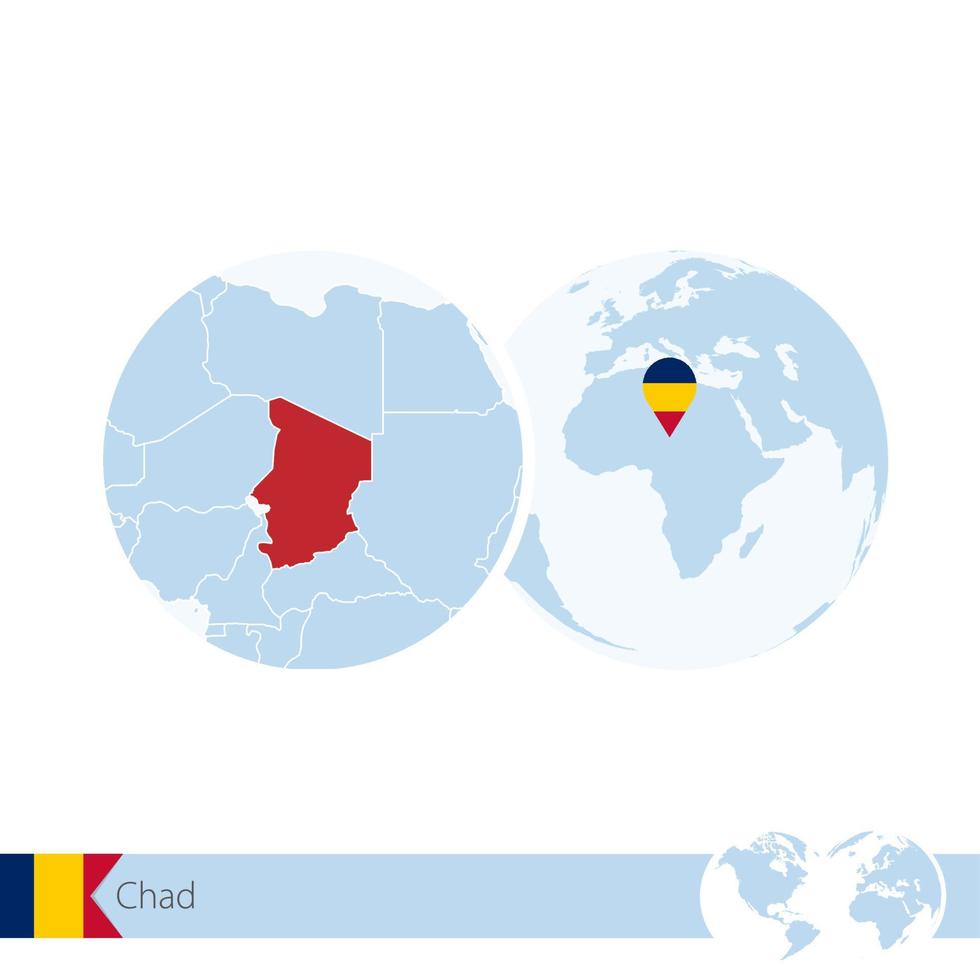 chad en globo terráqueo con bandera y mapa regional de chad. vector