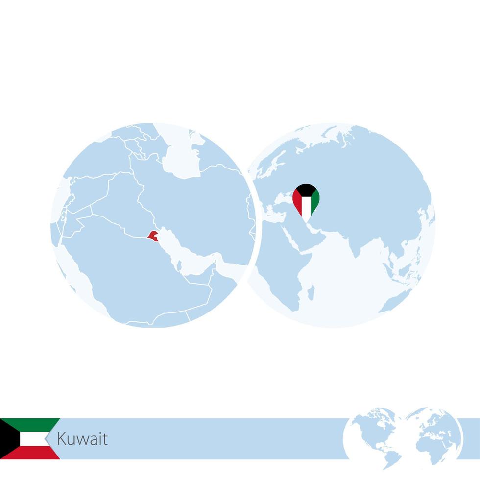 Kuwait on world globe with flag and regional map of Kuwait. vector
