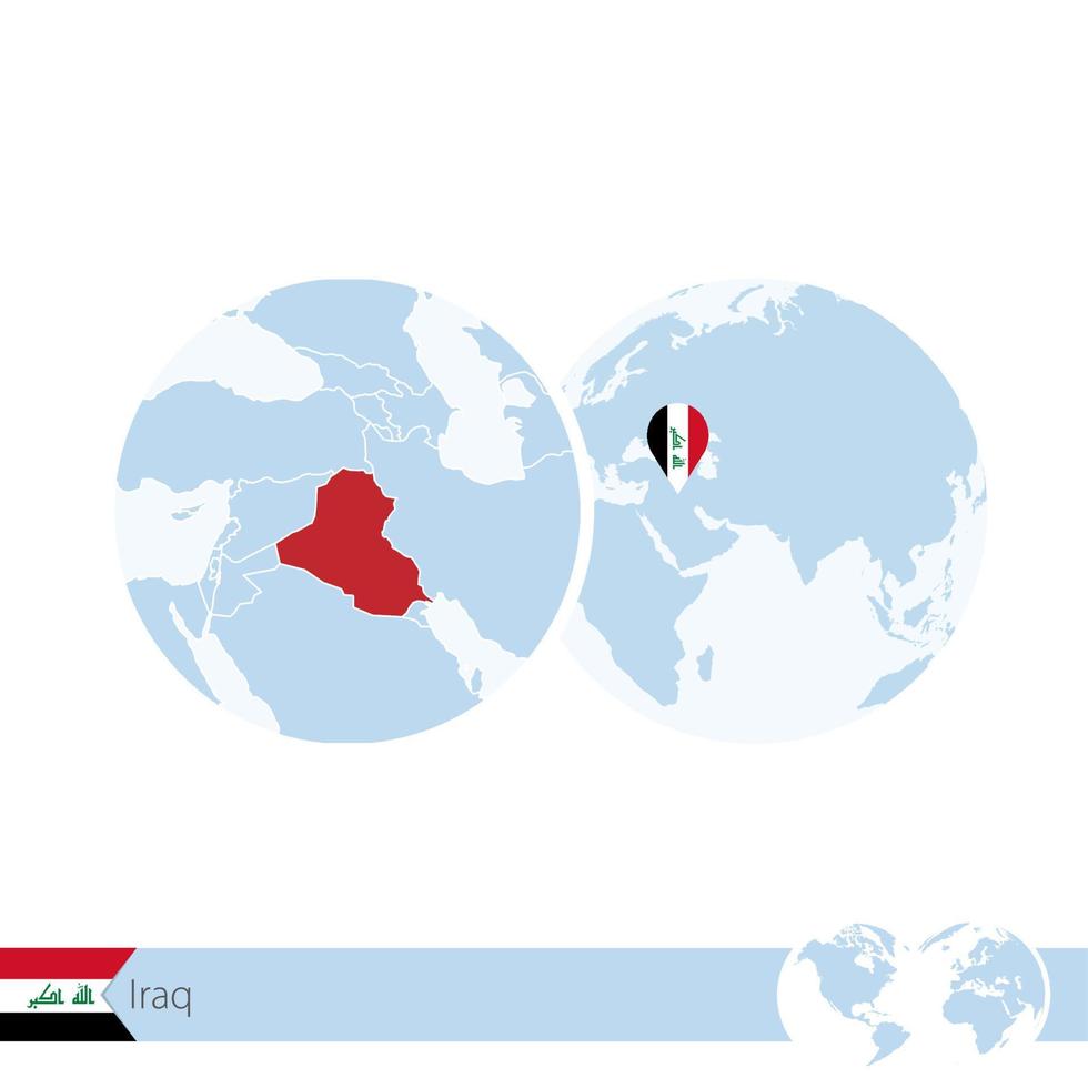 Iraq on world globe with flag and regional map of Iraq. vector