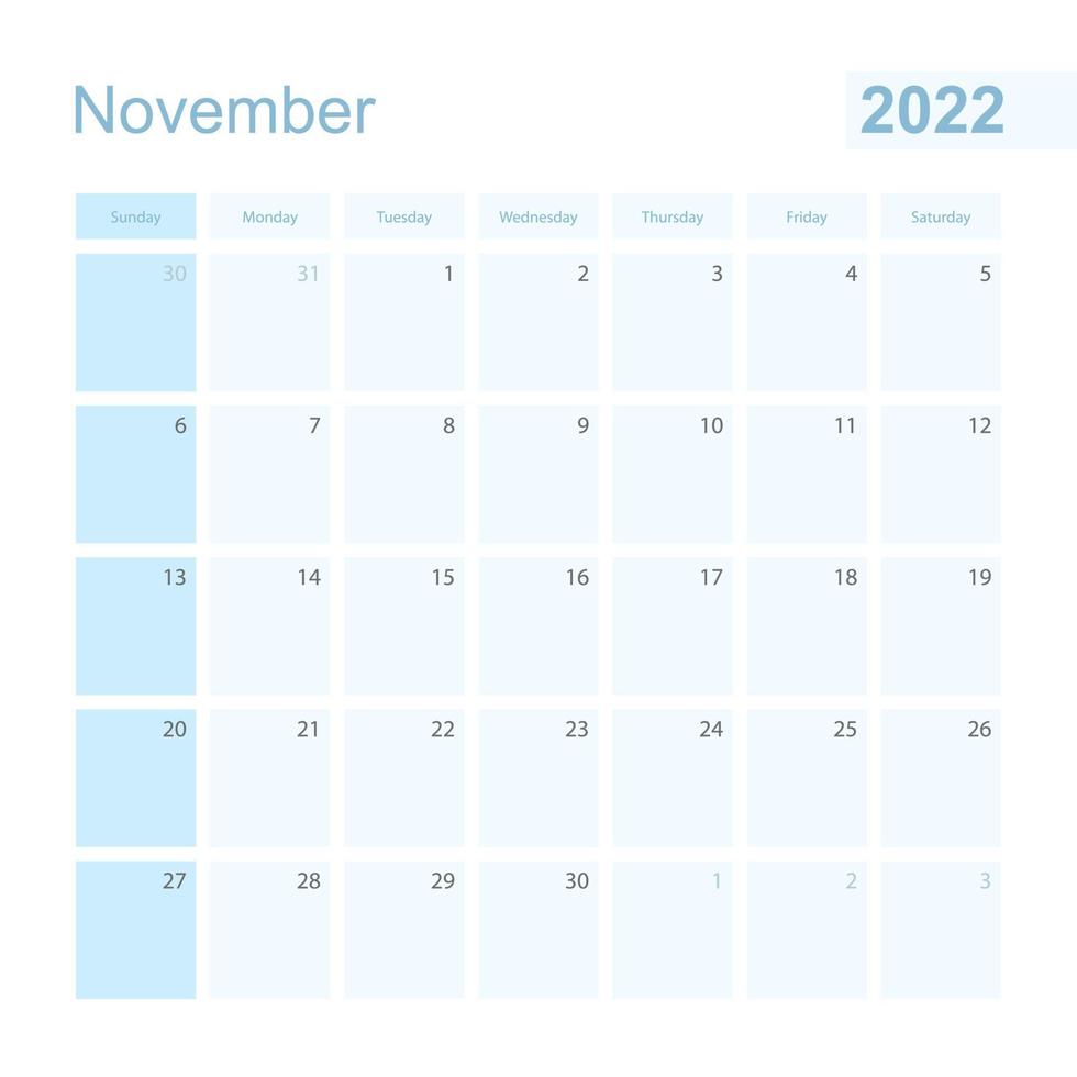 Planificador de pared de noviembre de 2022 en color azul, la semana comienza el domingo. vector