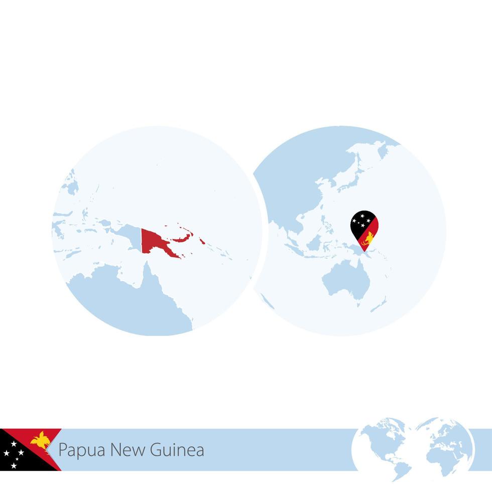 Papua New Guinea on world globe with flag and regional map of Papua New Guinea. vector