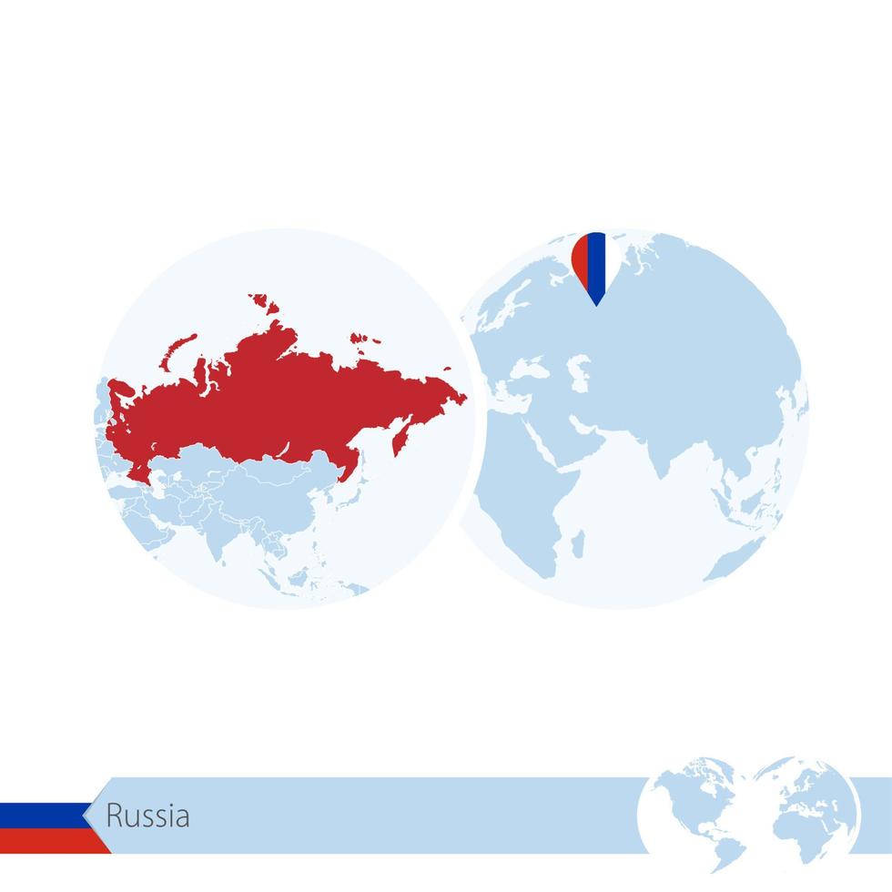 Russia on world globe with flag and regional map of Russia. vector