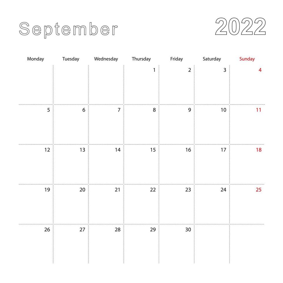 calendario de pared simple para septiembre de 2022 con líneas punteadas. el calendario está en inglés, la semana comienza el lunes. vector