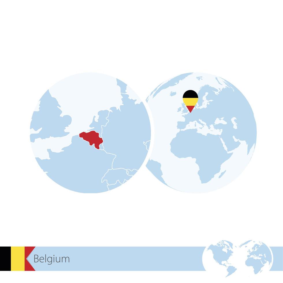 Belgium on world globe with flag and regional map of Belgium. vector