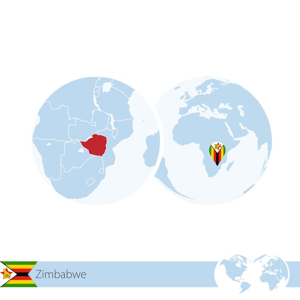 Zimbabwe on world globe with flag and regional map of Zimbabwe. vector