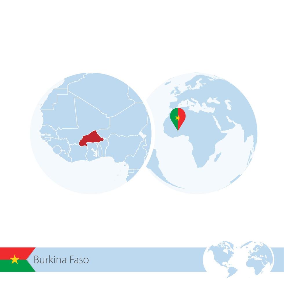 burkina faso en globo terráqueo con bandera y mapa regional de burkina faso. vector