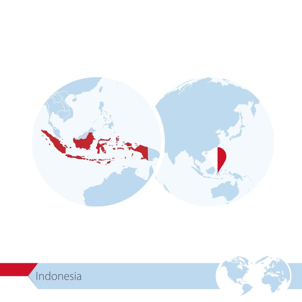 indonesia en el globo terráqueo con bandera y mapa regional de indonesia. vector