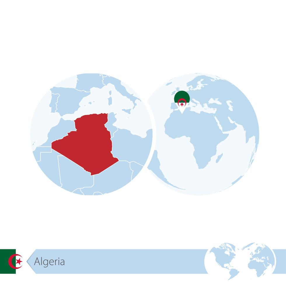 Algeria on world globe with flag and regional map of Algeria. vector