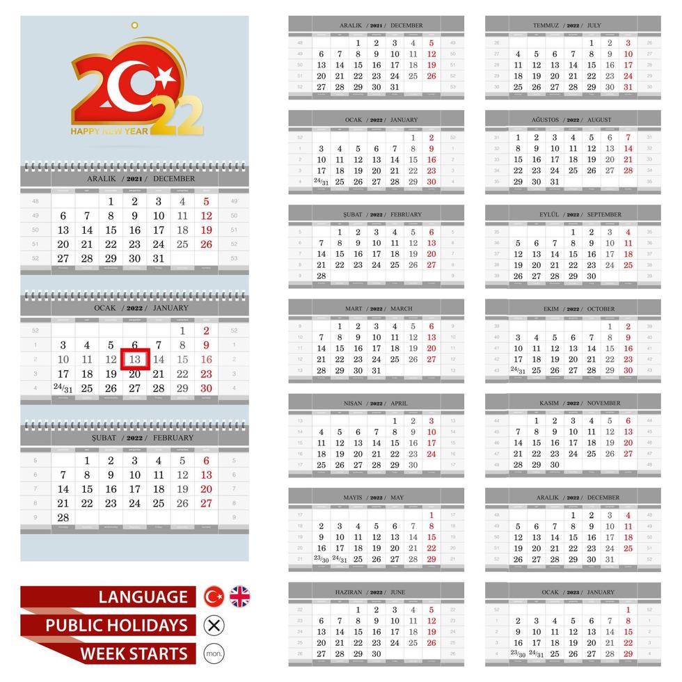 plantilla de planificador de calendario de pared para el año 2022. Idioma turco e inglés. la semana comienza a partir del lunes. vector